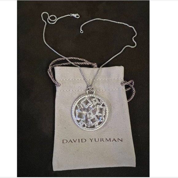 Vintage DAVID YURMAN Diamonds Round Pendant NECKLACE 18" Sterling Silver - Picture 3 of 8